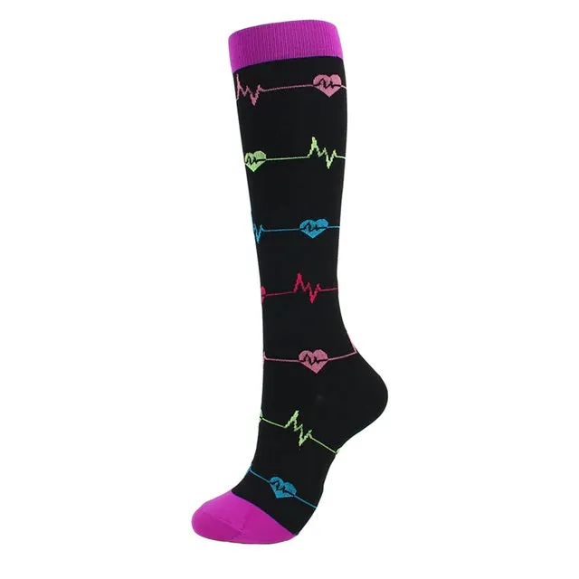 EKG Heart Patterned Knee High - Black (Compression Socks)