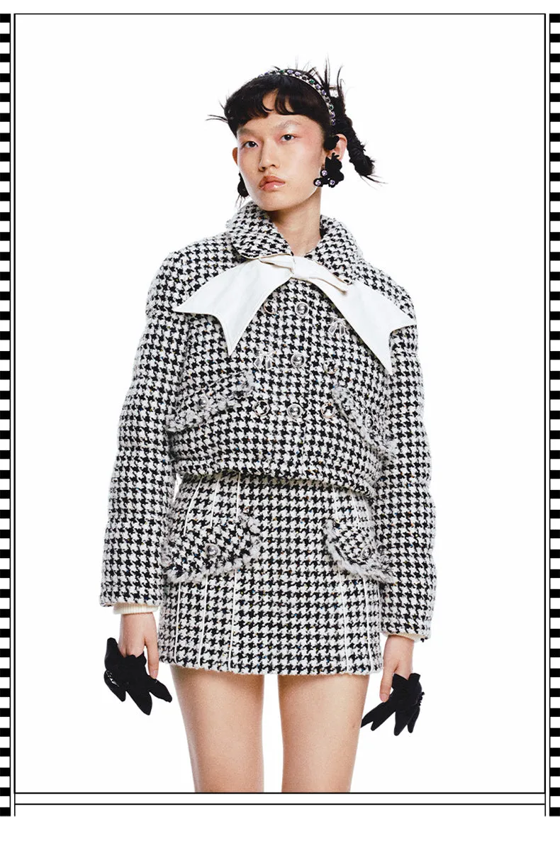 FAME vintage bow embellishment tweed houndstooth down jacket coat - VAi