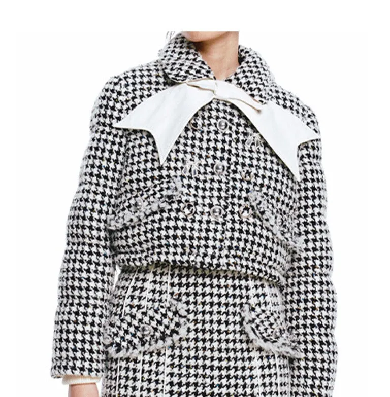 FAME vintage bow embellishment tweed houndstooth down jacket coat - VAi