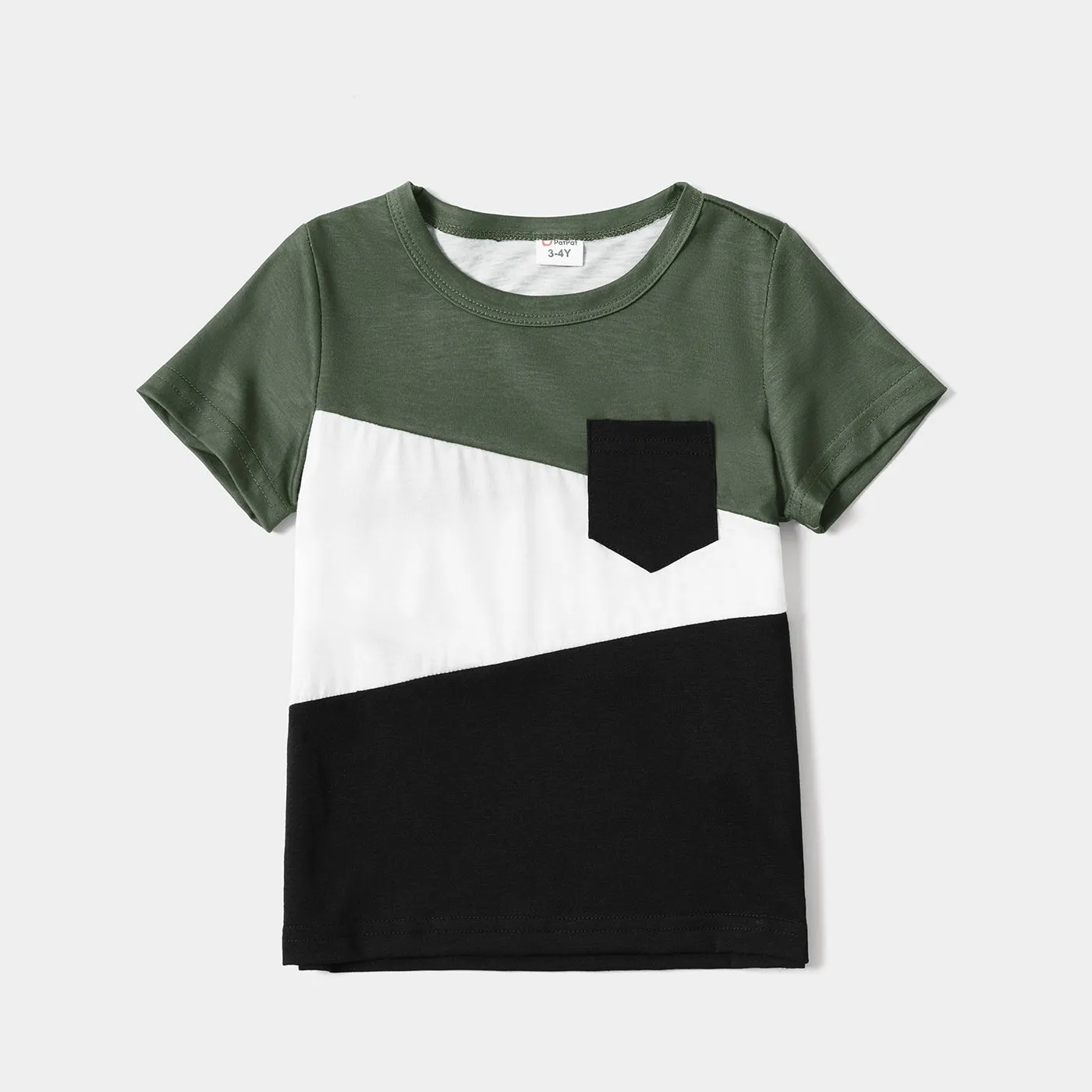 Family Matching Army Green Swiss Dots Cross Wrap V Neck Short-sleeve Dresses and Color Block T-shirts Sets