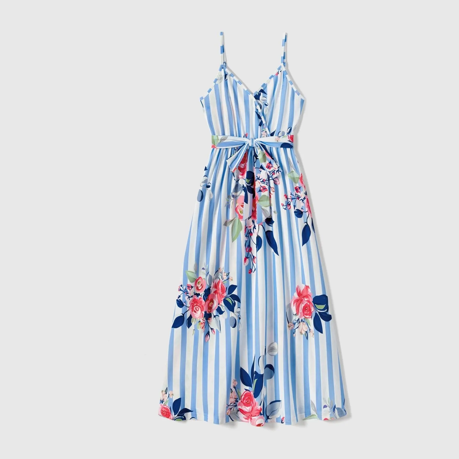 Family Matching Floral Stripe Print Belted Slip Dresses and Striped Color Block T-shirts Sets