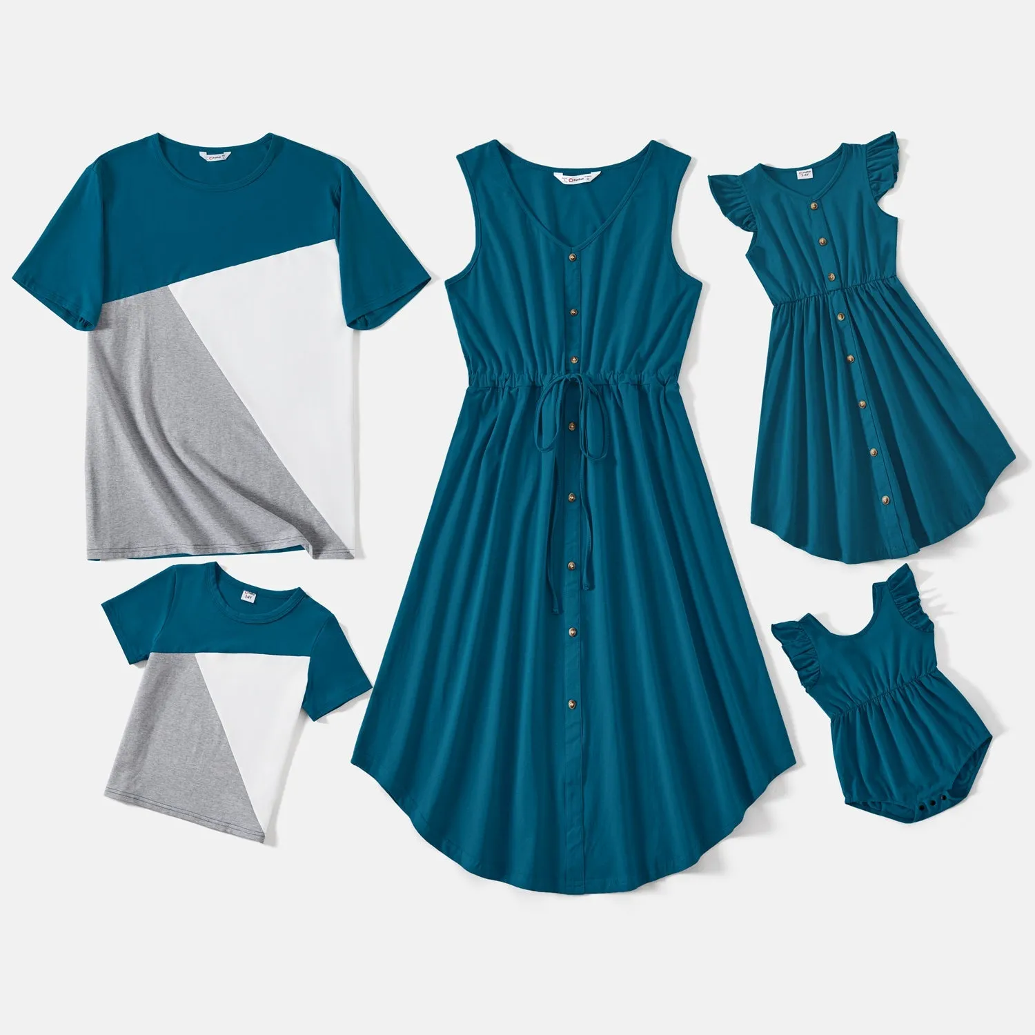 Family Matching Patch Pocket Drawstring Button Up Tank Dresses and Color Block Short-sleeve T-shirts Sets