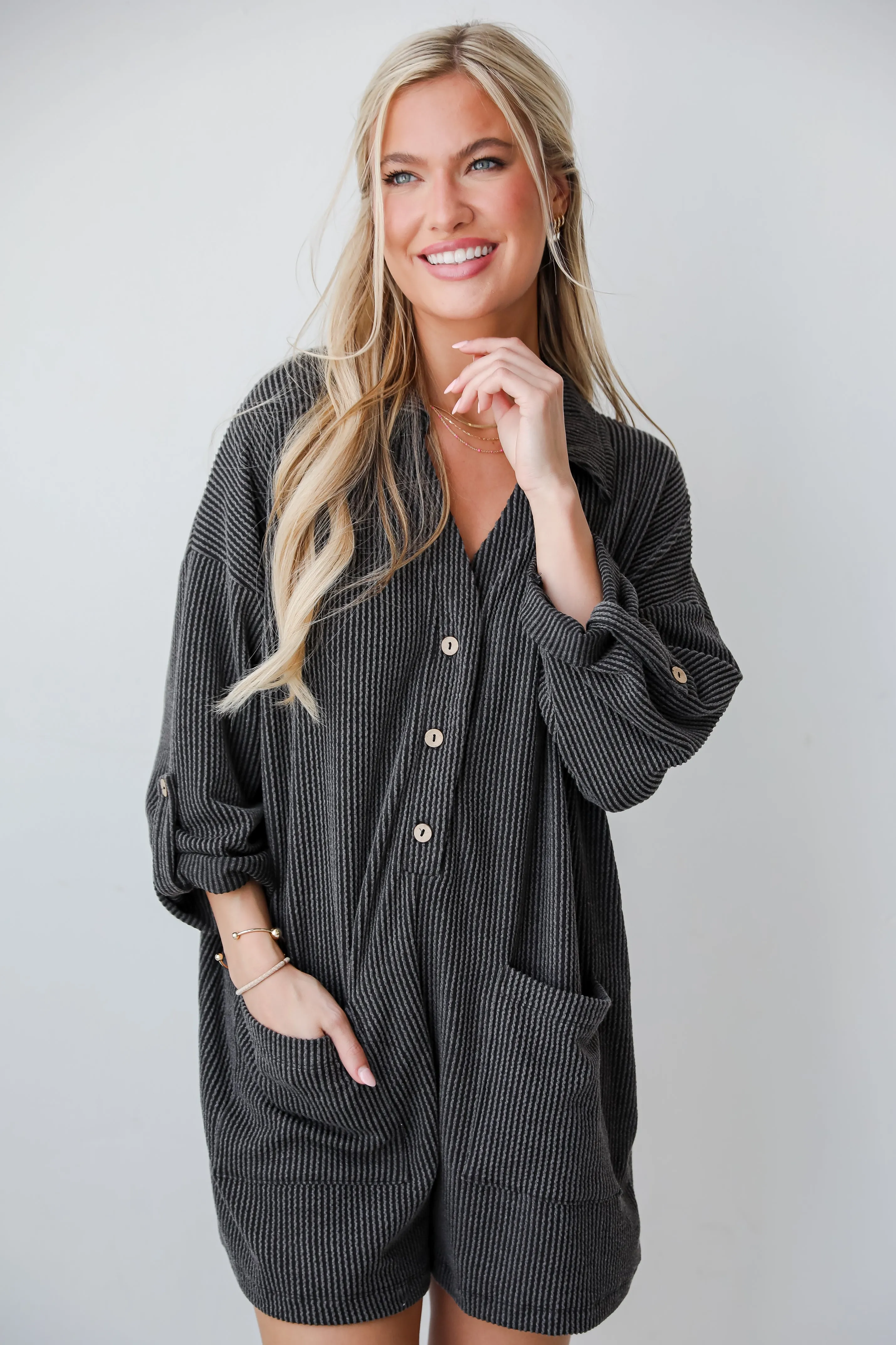 FINAL SALE - Jade Charcoal Corded Romper