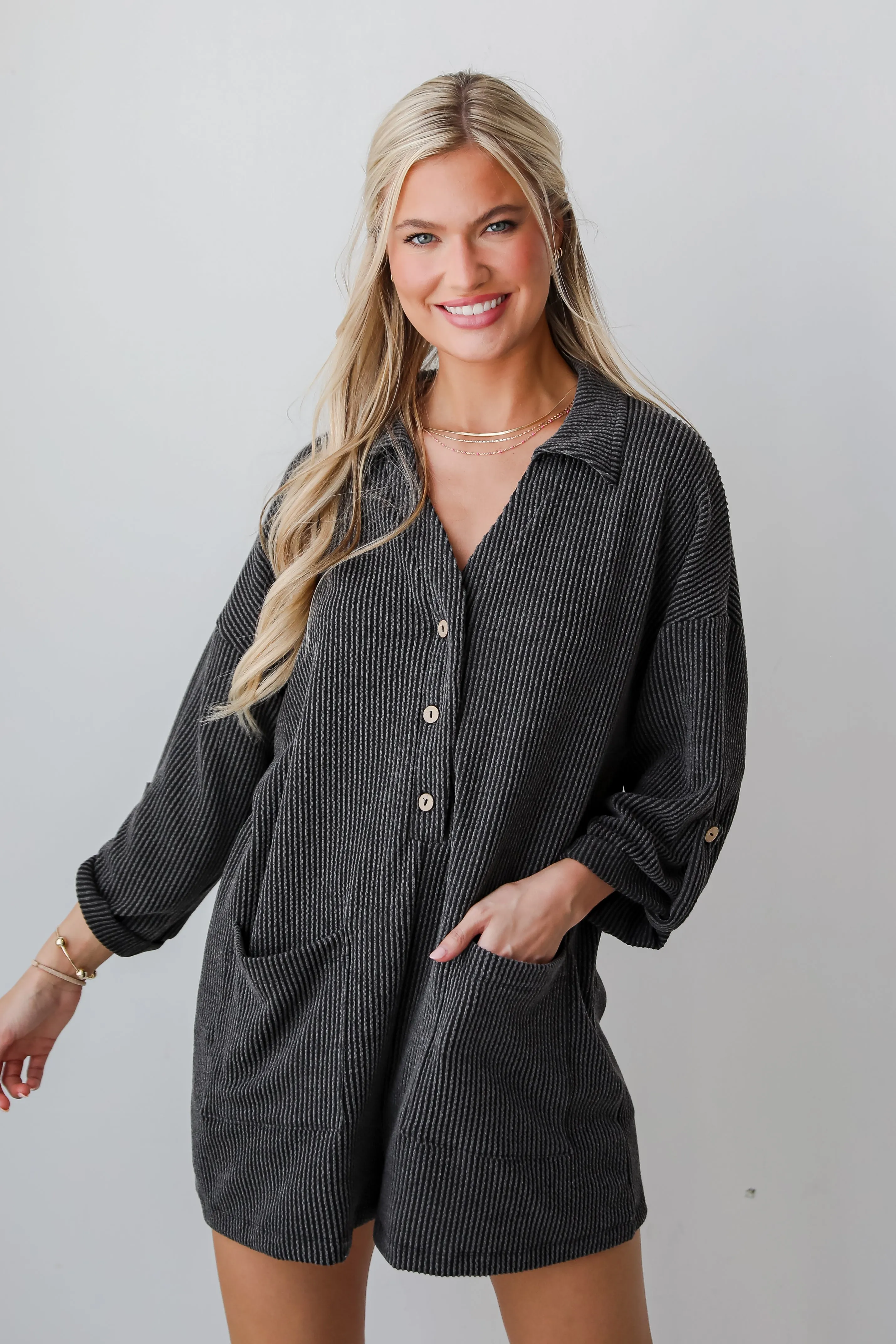 FINAL SALE - Jade Charcoal Corded Romper