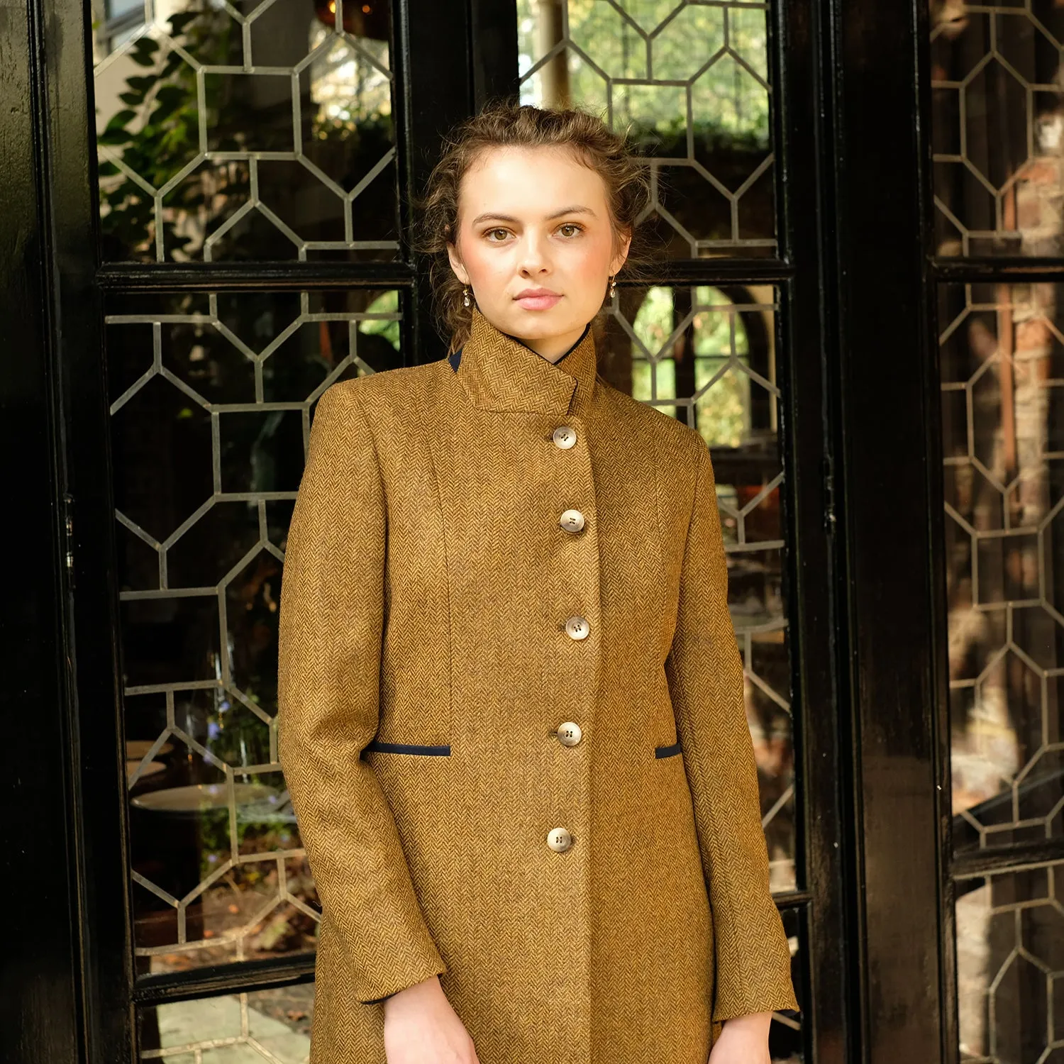 Fitted Tweed Coat in Mustard Herringbone