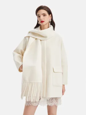 Fringe Neck Scarf Cashmere Coat