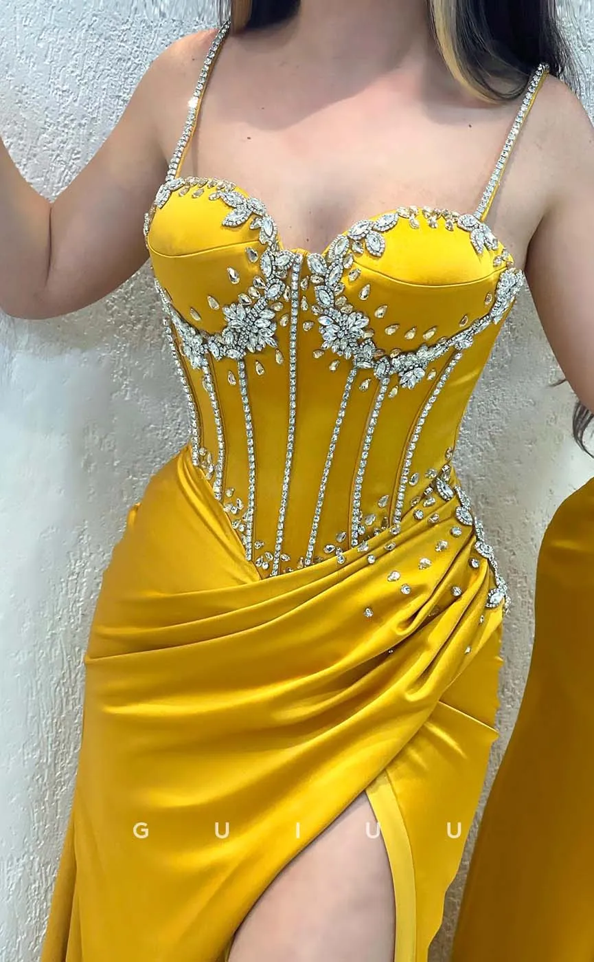 G3316 - Sweetheart Straps Beaded Pleats Yellow Long Party Prom Evening Dresses