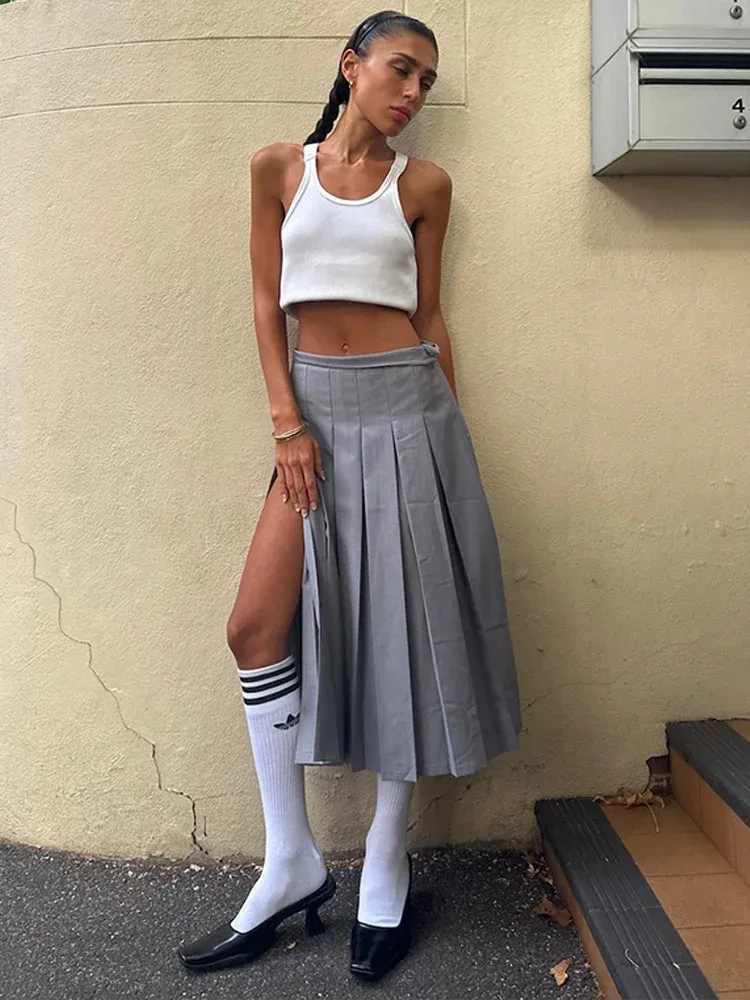 Girlary A-Line Pleated Split Midi Skirt Women Dress Mid-rise Schoolgirl Mid-length Skirt American Casual Hottie Outfit Streetwear