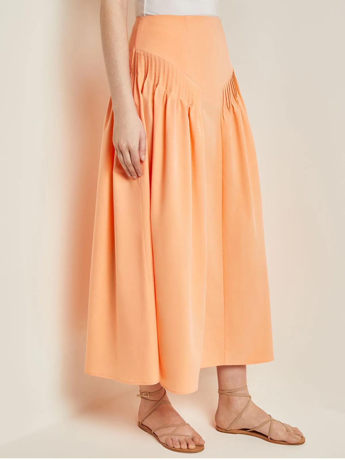 Godet Midi Skirt - Pleated Faux Cupro Silk