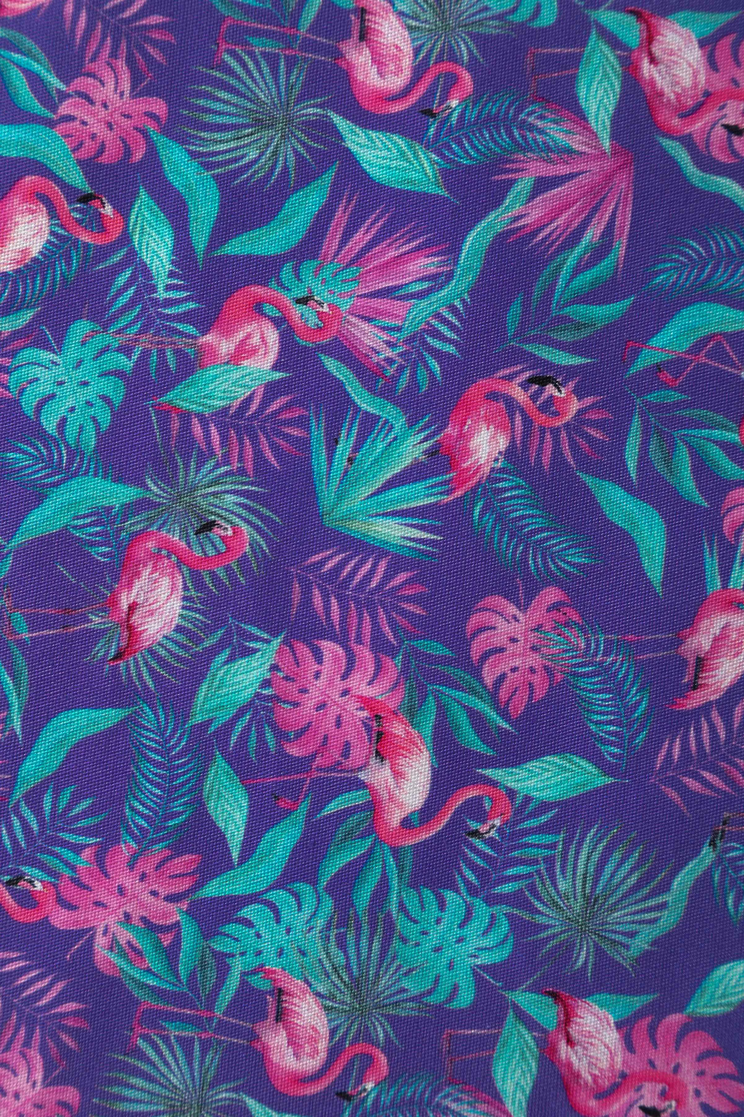 Grace Purple Pleated Dress in Flamingo Leaf Print