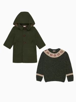 Green Fair Isle Jumper & Loden Coat Kids Outfit Bundle