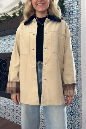 Highland Corduroy Collared Cotton Barn Jacket in Tan