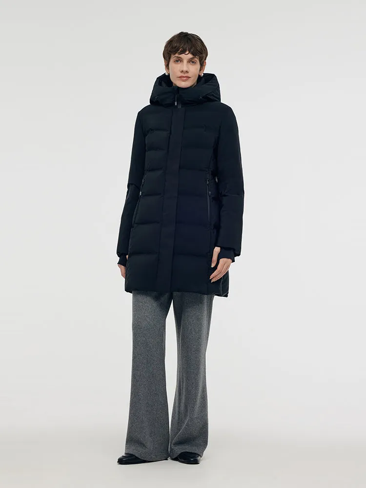 Hooded Goose Down Coat With Knit Cuff