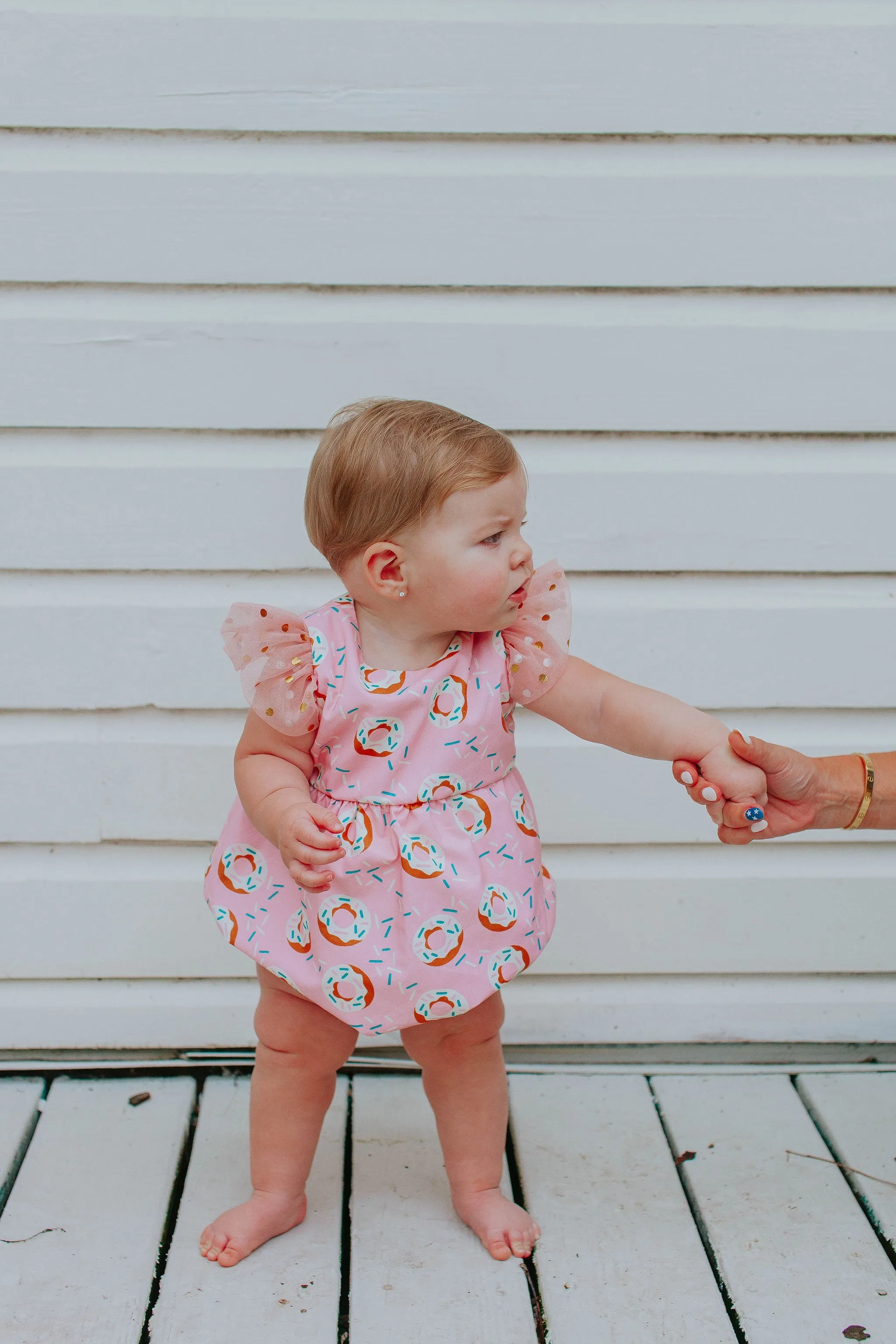 Infant Girl's Pink Donut Print Bubble Romper with Tulle Sleeves