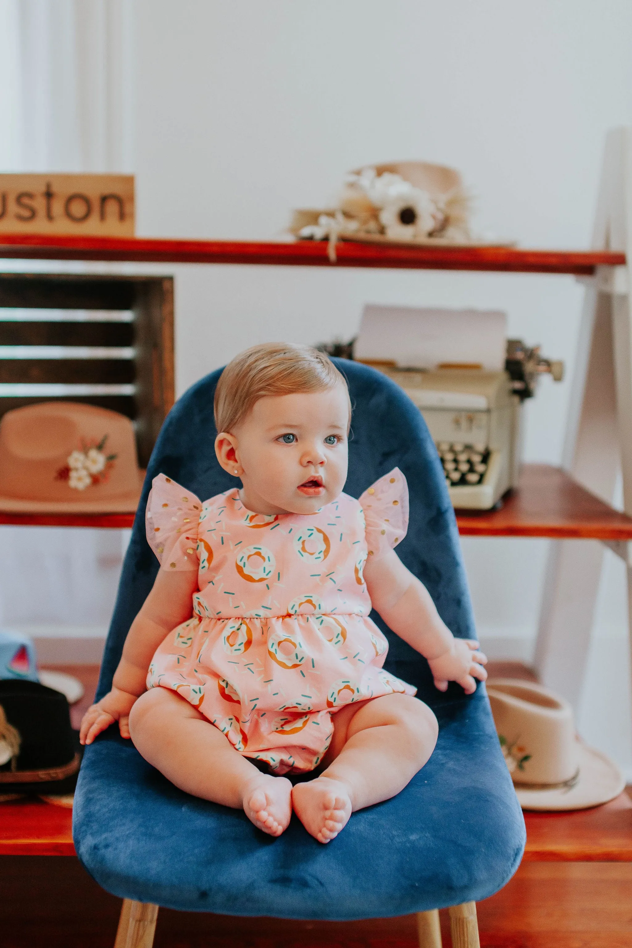 Infant Girl's Pink Donut Print Bubble Romper with Tulle Sleeves