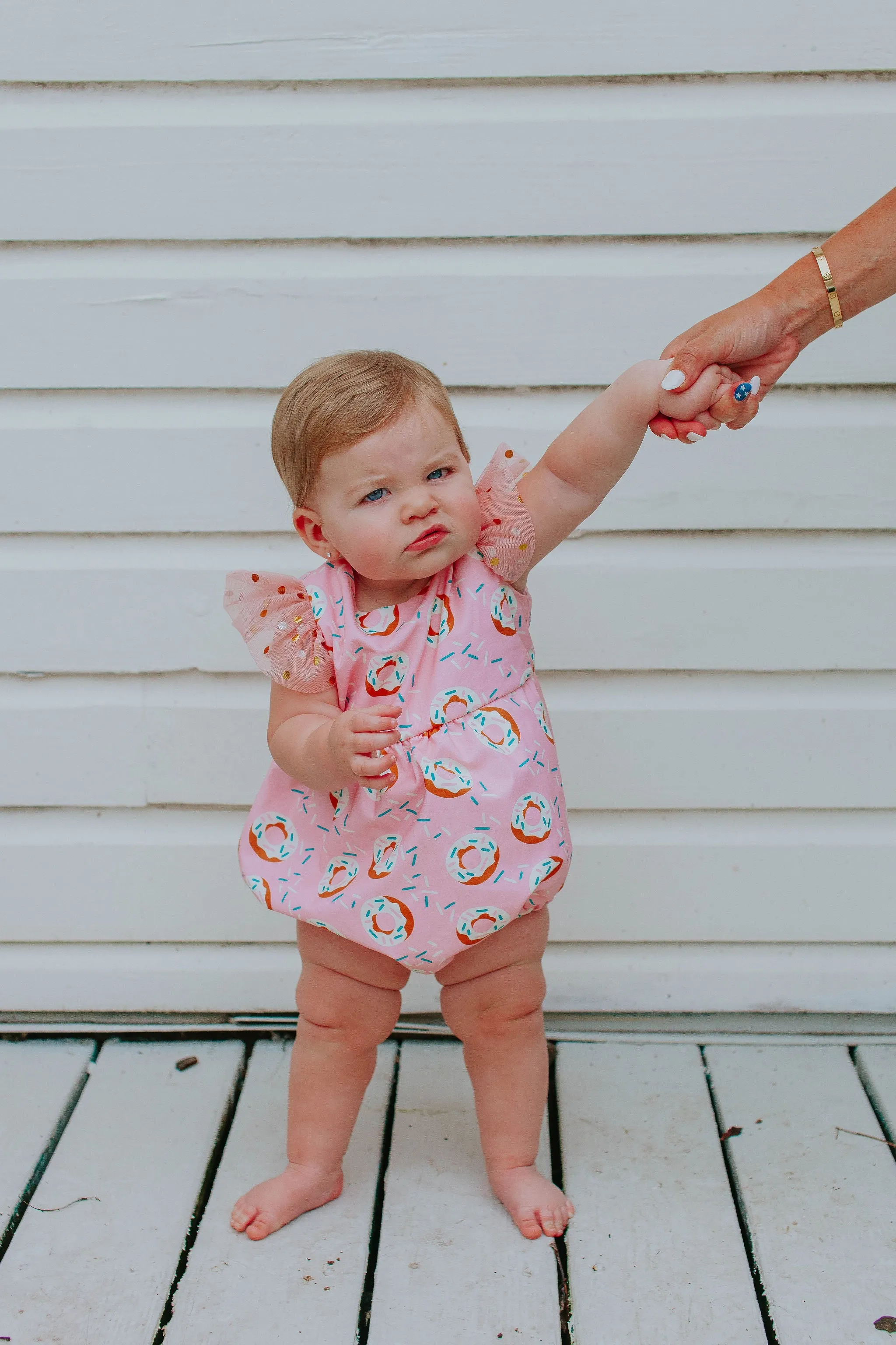 Infant Girl's Pink Donut Print Bubble Romper with Tulle Sleeves