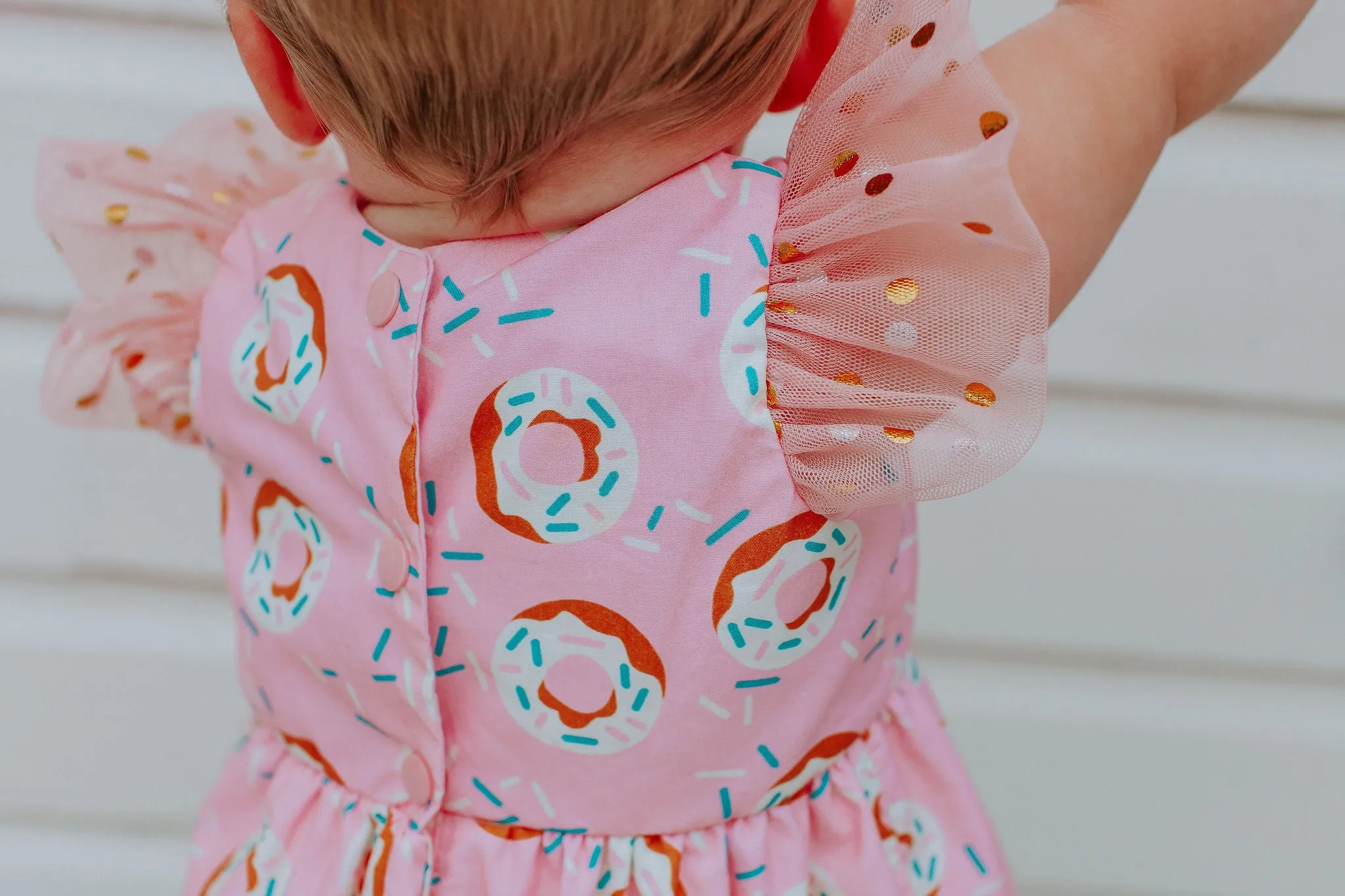 Infant Girl's Pink Donut Print Bubble Romper with Tulle Sleeves