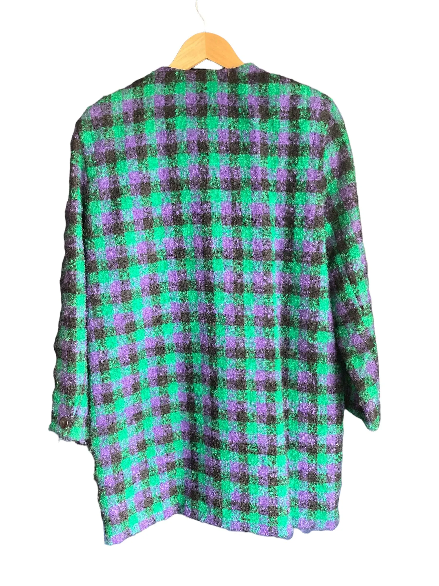 Jaeger Wool Green Black & Purple Checked Long Sleeved Coat UK Size 12