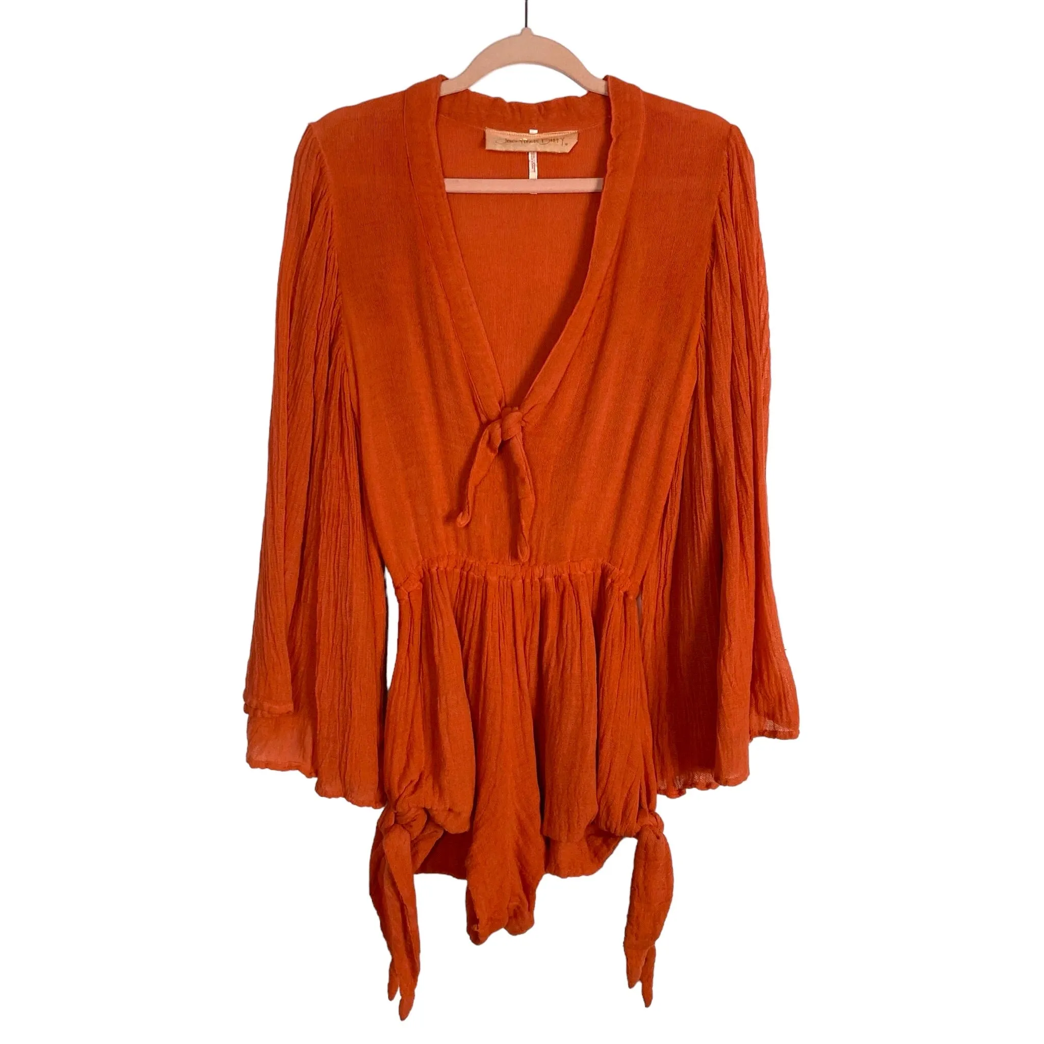 Jen's Pirate Booty Burnt Orange Deep V with Front and Side Ties Bell Sleeve Romper- Size S