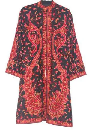 Kashmiri Woolen Coat Black, Multicolor Embroidery #AO-107