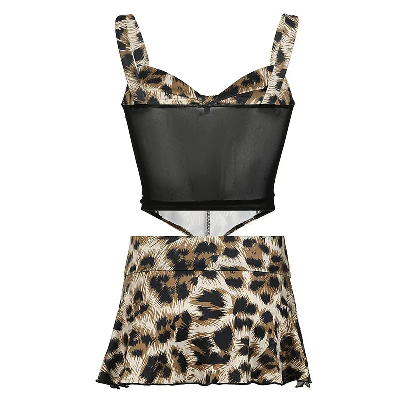 Leopard Crop Top And Graceful Mesh Mini Skirt Set