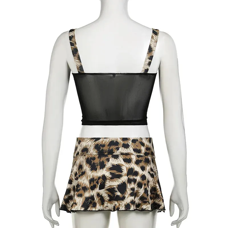 Leopard Crop Top And Graceful Mesh Mini Skirt Set