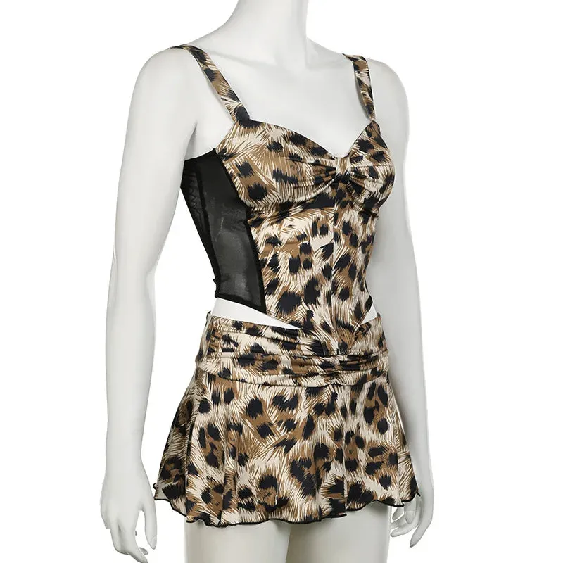 Leopard Crop Top And Graceful Mesh Mini Skirt Set