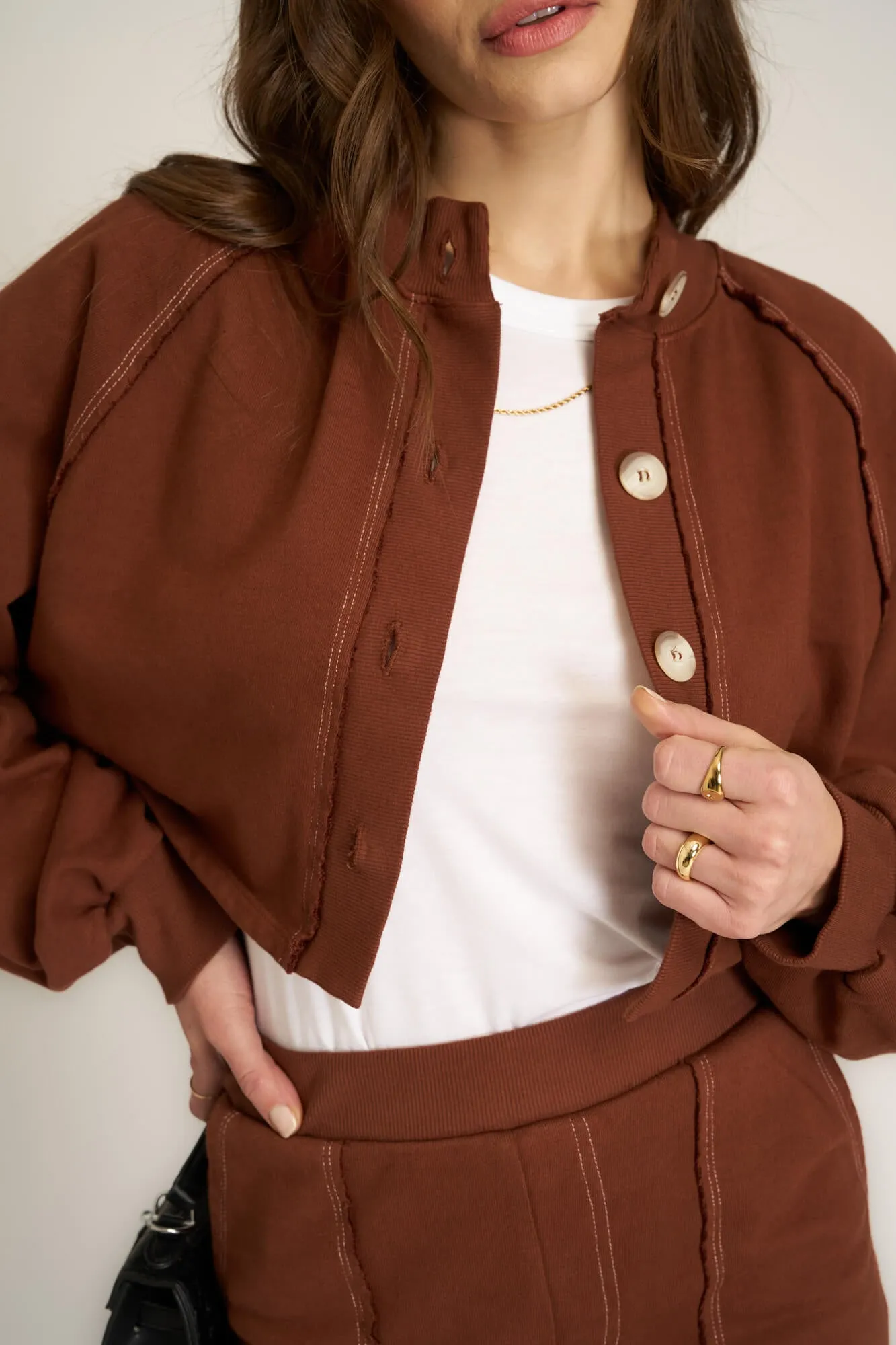 Lillian Button Front Contrast Stitch Jacket - Russet Brown