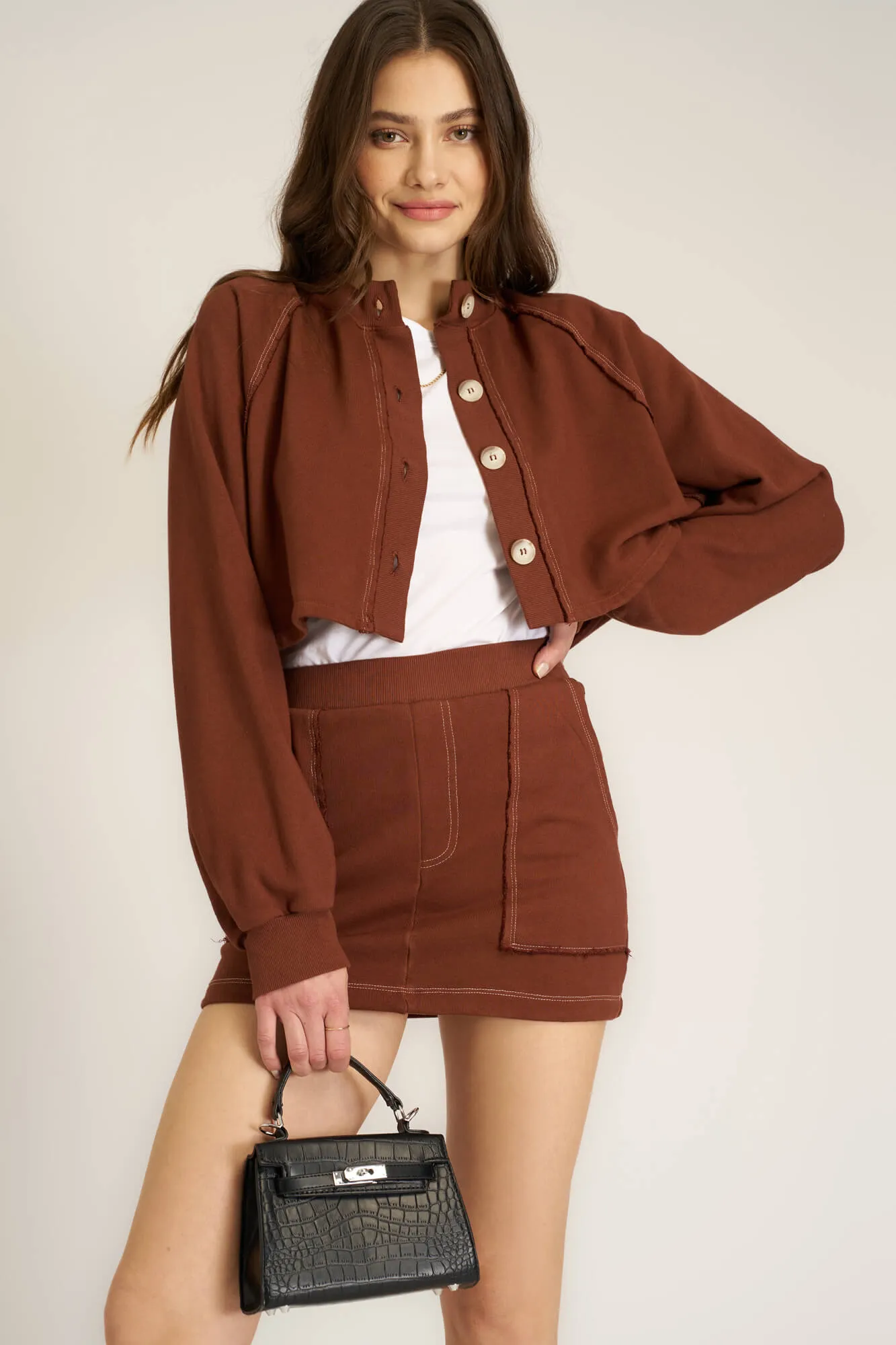 Lillian Button Front Contrast Stitch Jacket - Russet Brown