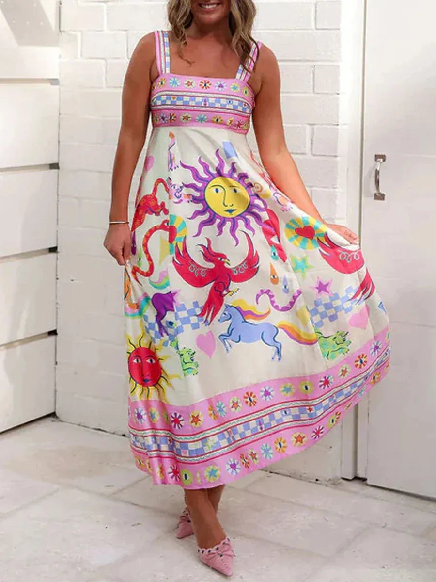 Long Bohemian Print Sleeveless Square Neck A-line Flowy Beach Leisure Retro Elegant Casual Summer Dress