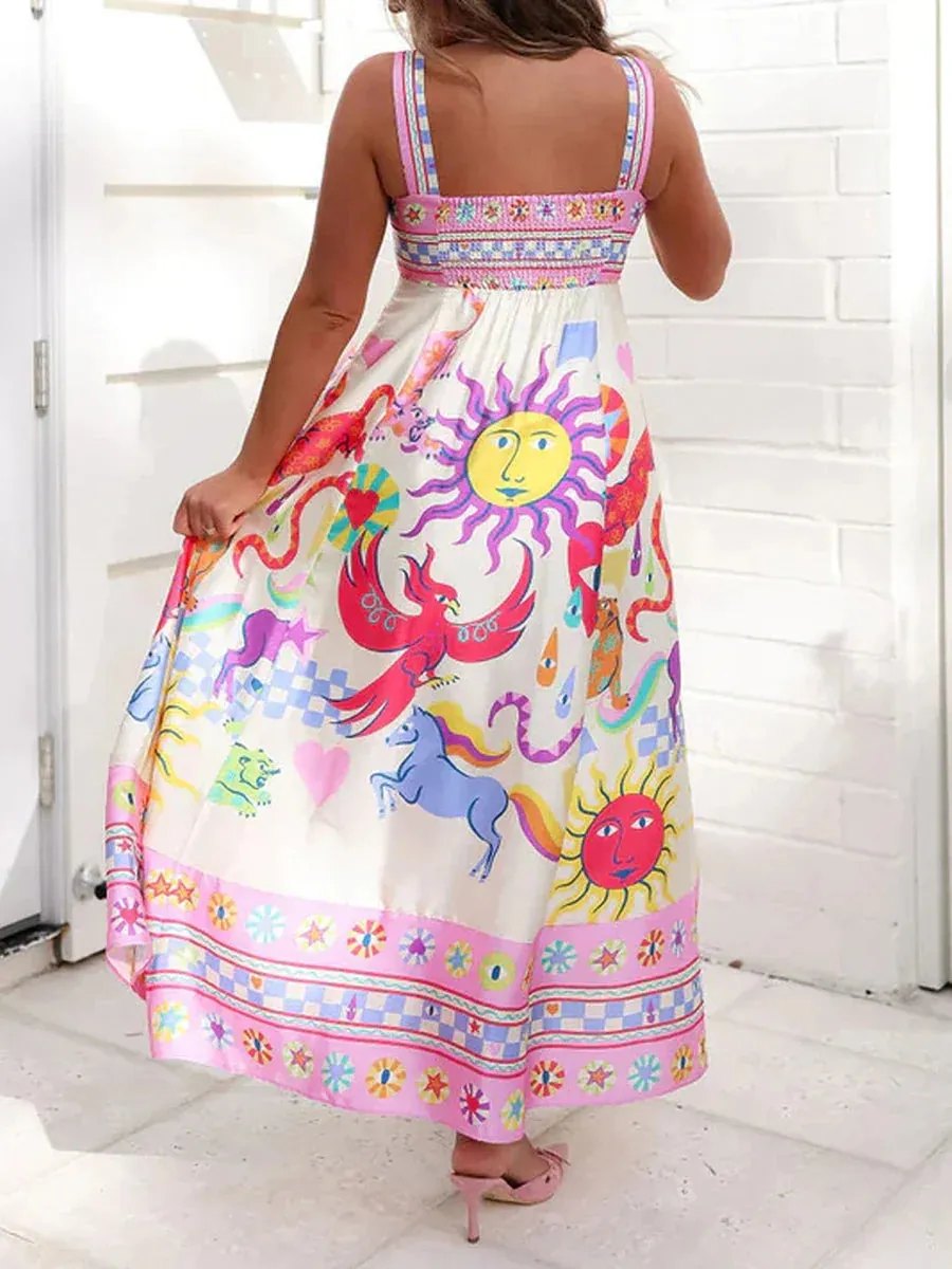 Long Bohemian Print Sleeveless Square Neck A-line Flowy Beach Leisure Retro Elegant Casual Summer Dress