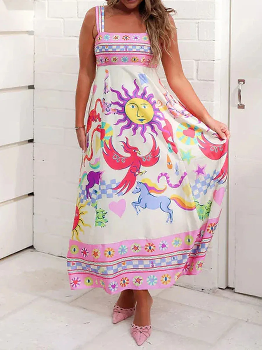 Long Bohemian Print Sleeveless Square Neck A-line Flowy Beach Leisure Retro Elegant Casual Summer Dress