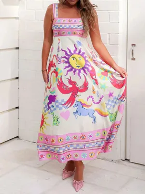 Long Bohemian Print Sleeveless Square Neck A-line Flowy Beach Leisure Retro Elegant Casual Summer Dress