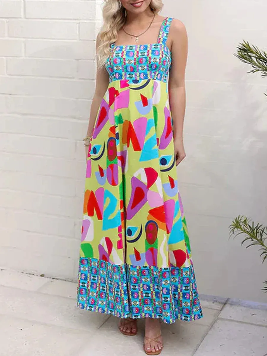 Long Bohemian Print Sleeveless Square Neck A-line Flowy Beach Leisure Retro Elegant Casual Summer Dress