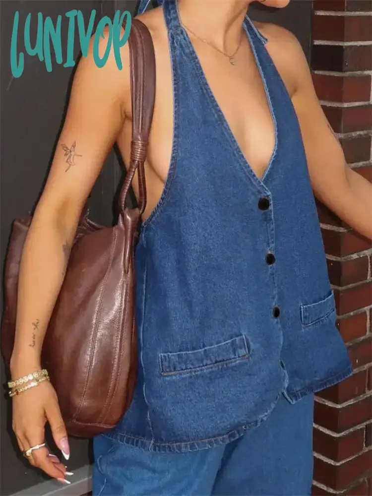 Lunivop Backless Strap Denim Tank Top Women Clothing  Summer Y2k Sleeveless Tops Woman Blue Washed Retro Loose Vest Female