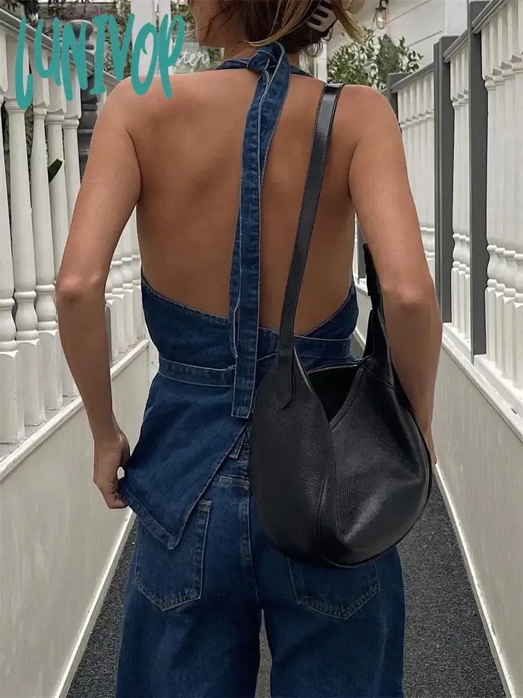 Lunivop Backless Strap Denim Tank Top Women Clothing  Summer Y2k Sleeveless Tops Woman Blue Washed Retro Loose Vest Female