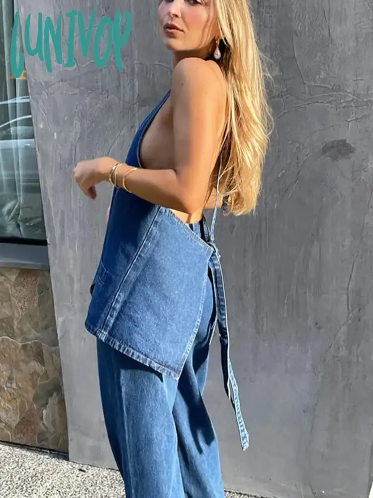 Lunivop Backless Strap Denim Tank Top Women Clothing  Summer Y2k Sleeveless Tops Woman Blue Washed Retro Loose Vest Female