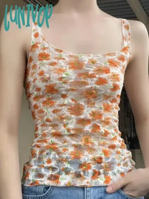 Lunivop Casual Floral Mesh Tank Tops See Through Sexy Slim Slash Neck Sleeveless Tank Tops Women 2024 Summer Fashion Streetwear