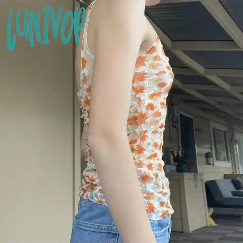 Lunivop Casual Floral Mesh Tank Tops See Through Sexy Slim Slash Neck Sleeveless Tank Tops Women 2024 Summer Fashion Streetwear