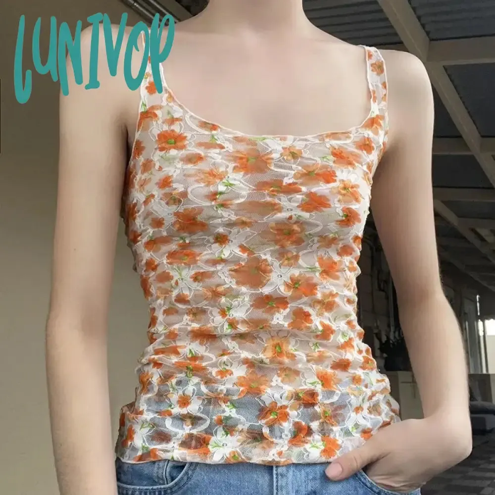 Lunivop Casual Floral Mesh Tank Tops See Through Sexy Slim Slash Neck Sleeveless Tank Tops Women 2024 Summer Fashion Streetwear