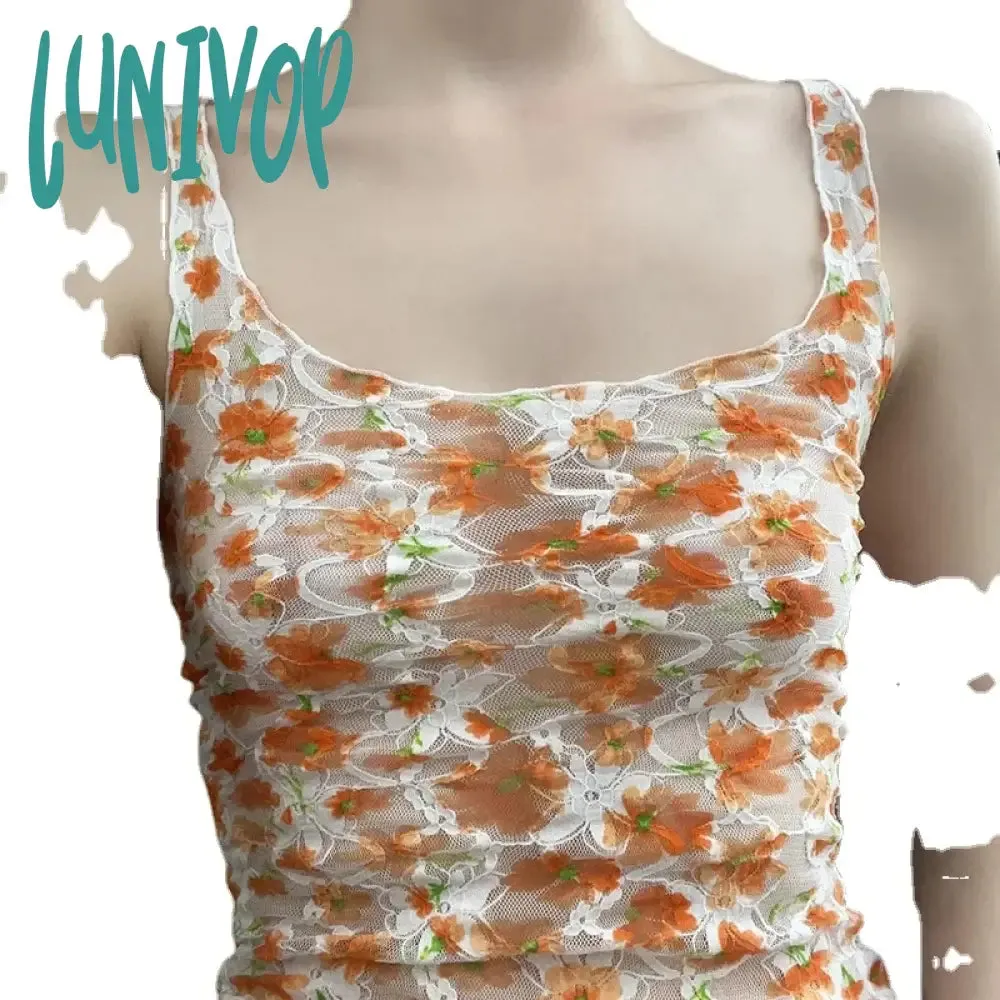 Lunivop Casual Floral Mesh Tank Tops See Through Sexy Slim Slash Neck Sleeveless Tank Tops Women 2024 Summer Fashion Streetwear