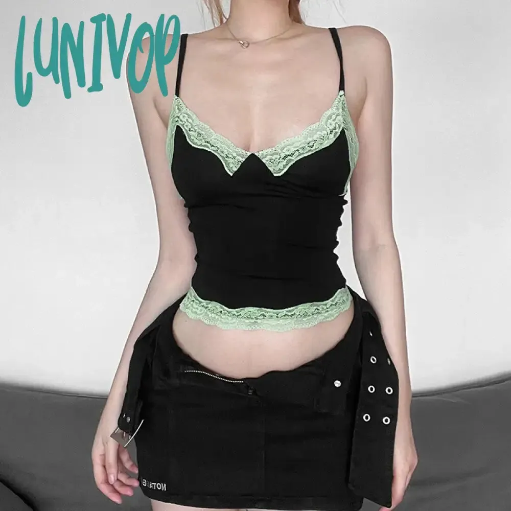 Lunivop Crop Tops Women Camisoles Summer Lace Casual Spaghetti Strap V-Neck Sleeveless Tank Tops Slim Y2k Backless Vests Sexy Tees