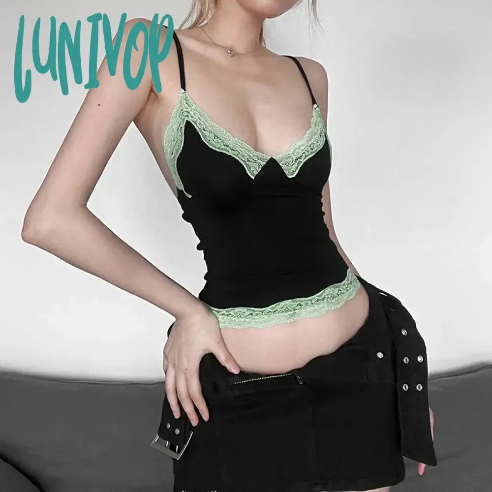 Lunivop Crop Tops Women Camisoles Summer Lace Casual Spaghetti Strap V-Neck Sleeveless Tank Tops Slim Y2k Backless Vests Sexy Tees