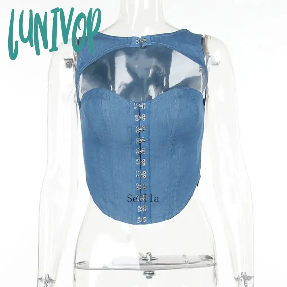 Lunivop Denim Hollow Out Sleeveless Corset Tank Top Women Autumn Sexy Cut Out Tube Top Y2K Party Club Outfits Tank Top Women