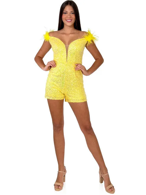 Marc Defang 8252 Short Sequin Pageant Romper off the shoulder feather v neck fun fashion