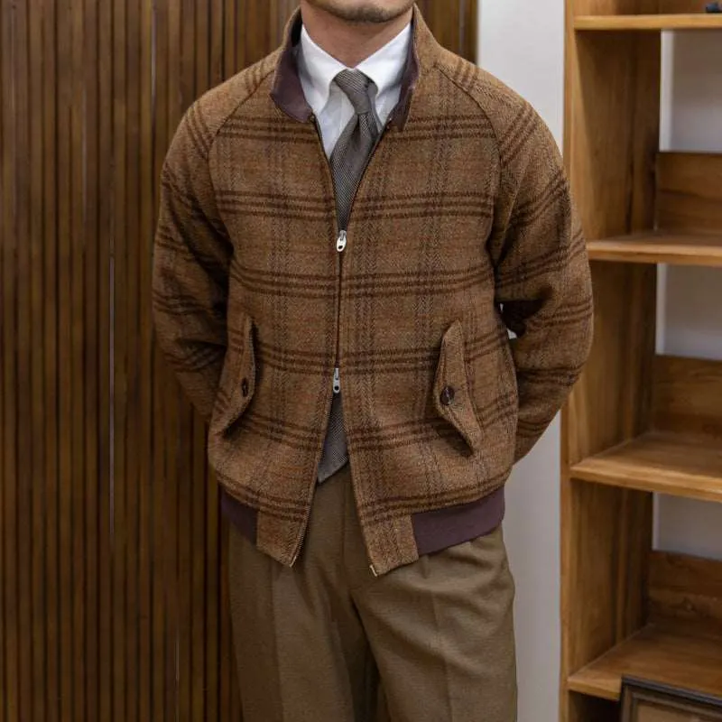 Men's Wool Slim-Fit Stand Collar Plaid Coat