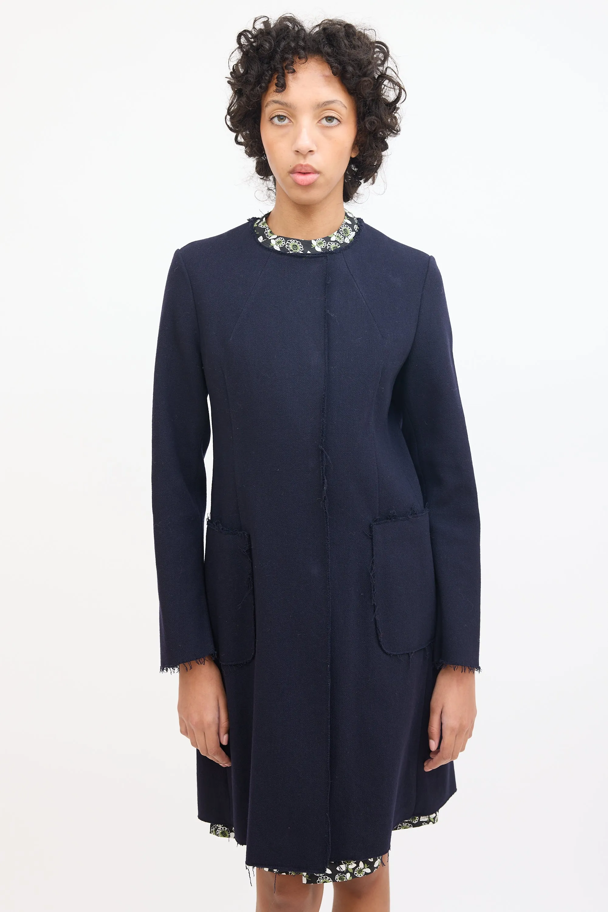 Navy Wool Raw Edge Mid Length Coat