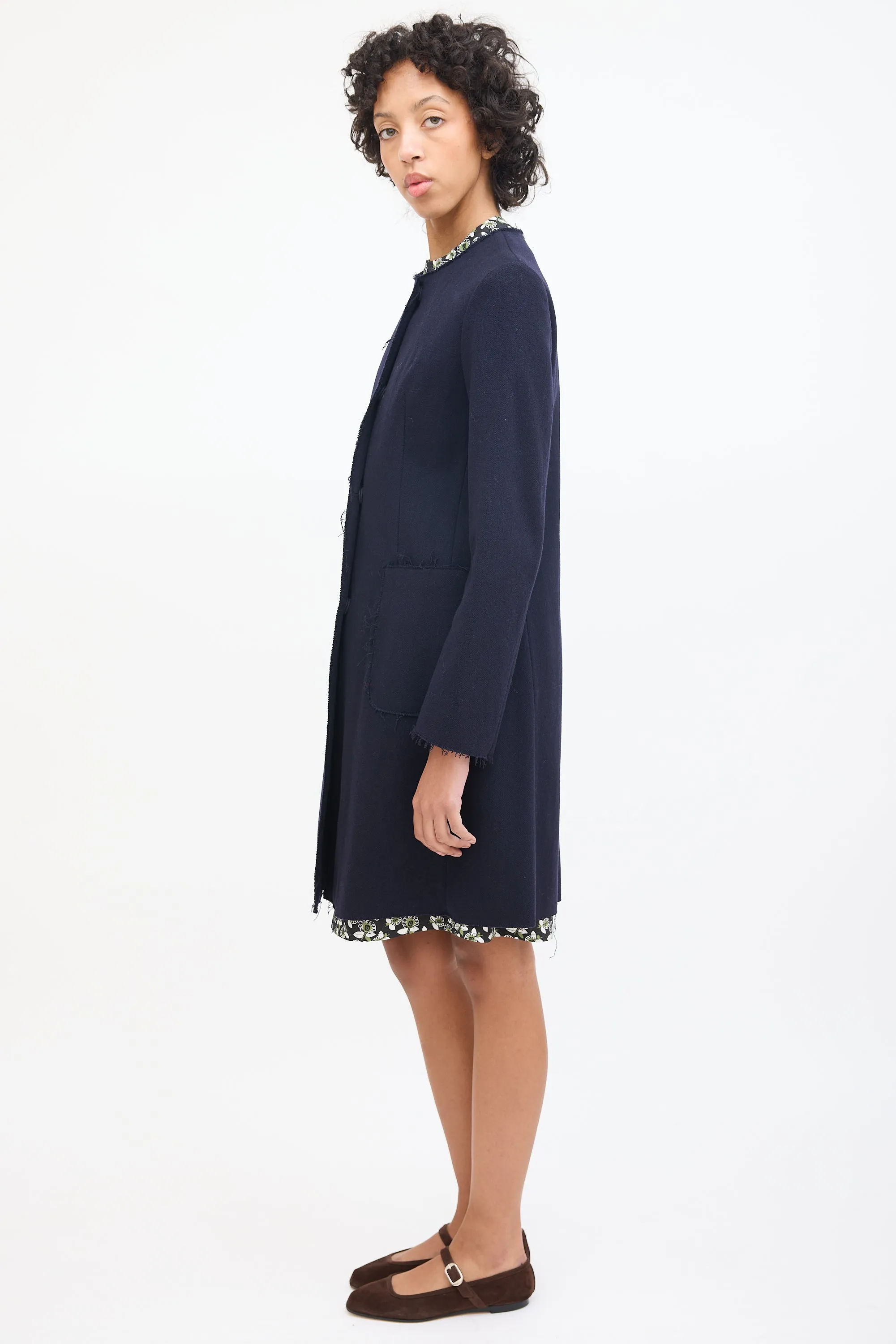 Navy Wool Raw Edge Mid Length Coat