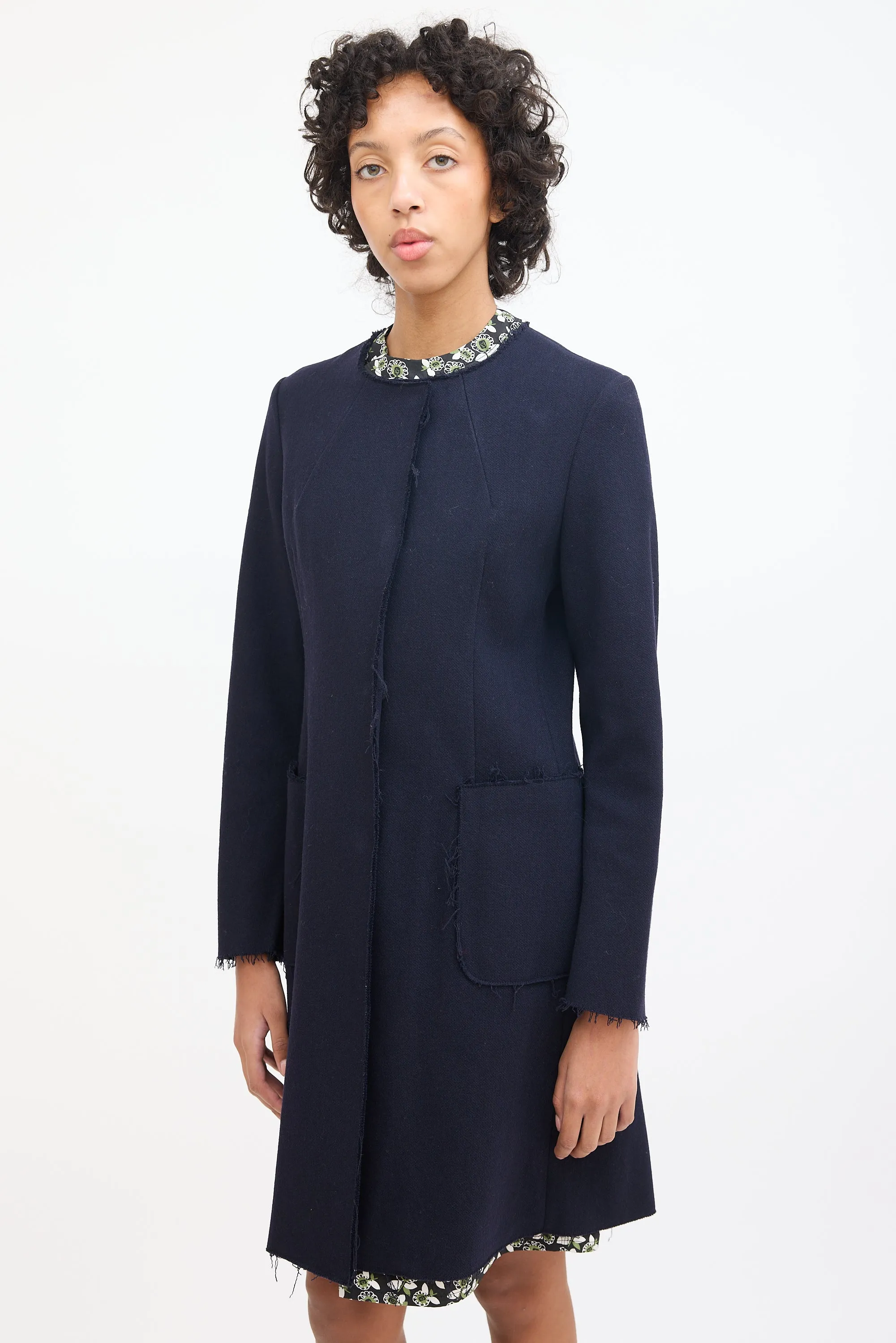 Navy Wool Raw Edge Mid Length Coat