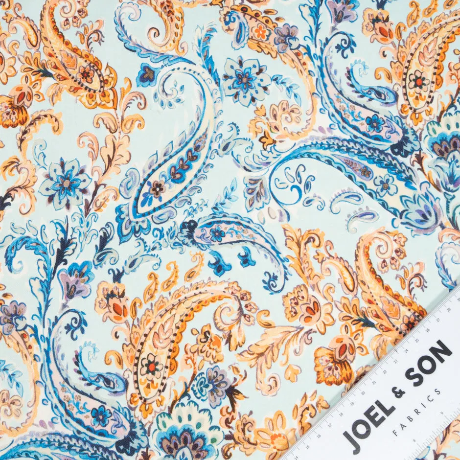 Orange & Blue Paisley Printed Pale Blue Wool & Cotton Blend